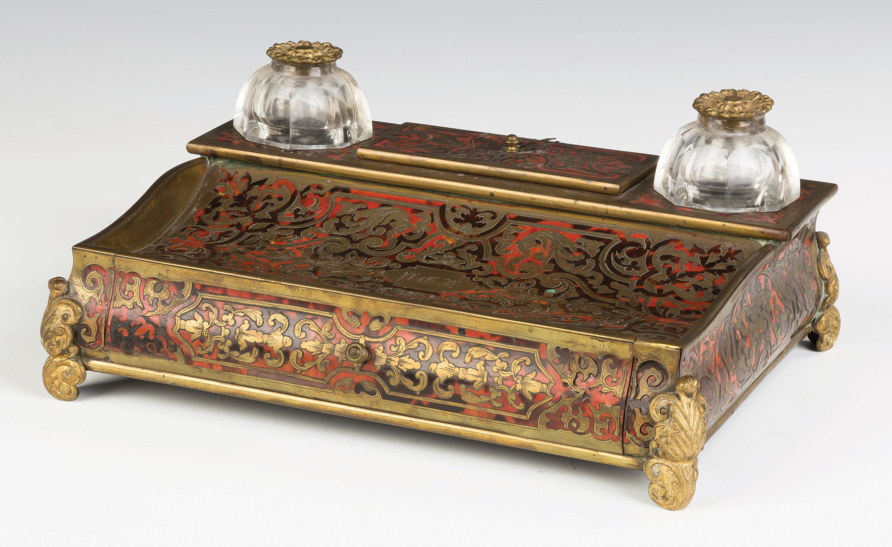 Appraisal: Brass and Bronze Boulle Desk Set with Drawer th century