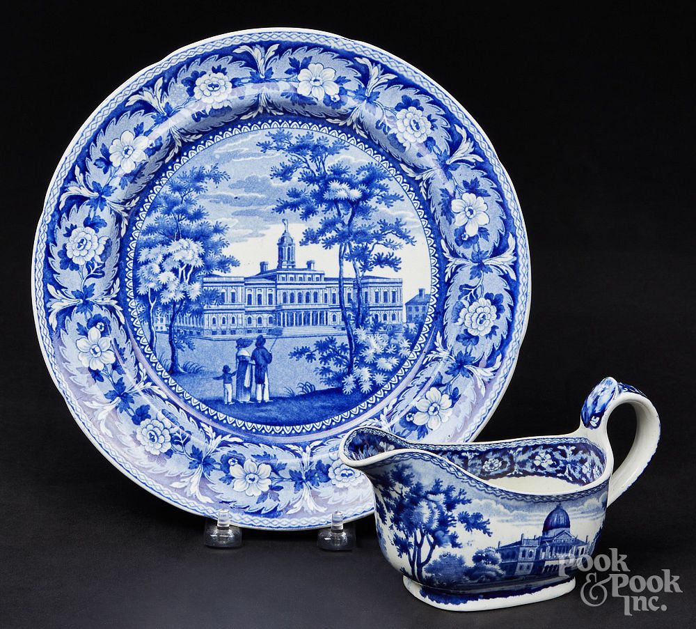 Appraisal: Historical blue Staffordshire plate and gravy Historical blue Staffordshire City