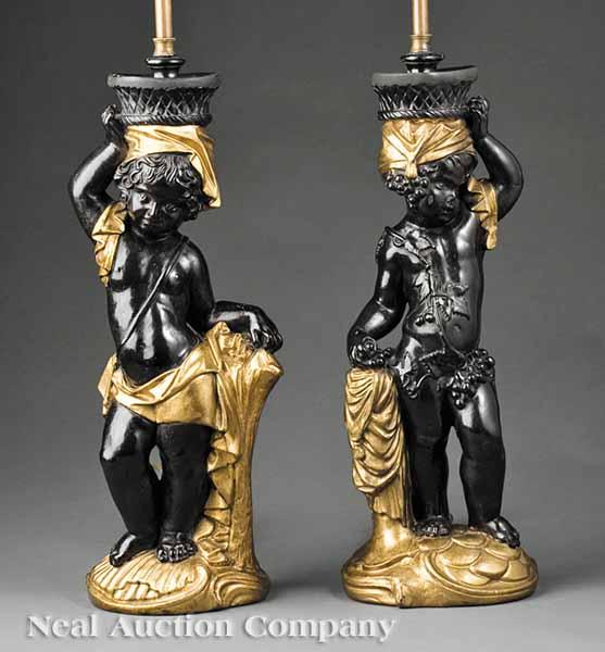 Appraisal: A Pair of Italian Ebonized and Giltwood Figural Table Lamps