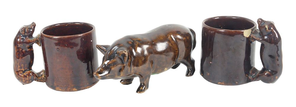 Appraisal: Three Brown Glazed Pottery Pieces to include standing pig height