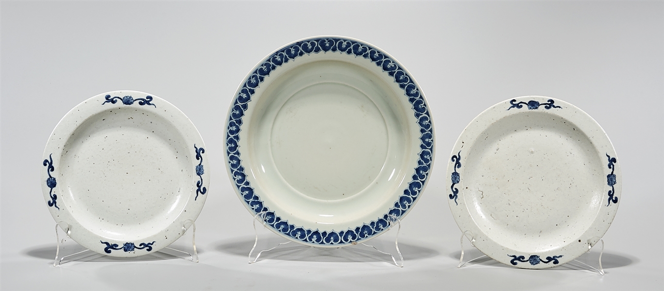 Appraisal: Three Chinese blue and white porcelain chargers with decorative edges