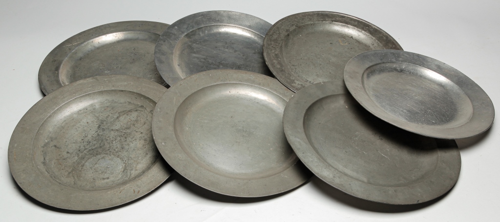 Appraisal: SEVEN PEWTER CHARGERS Mostly English late th- th century All