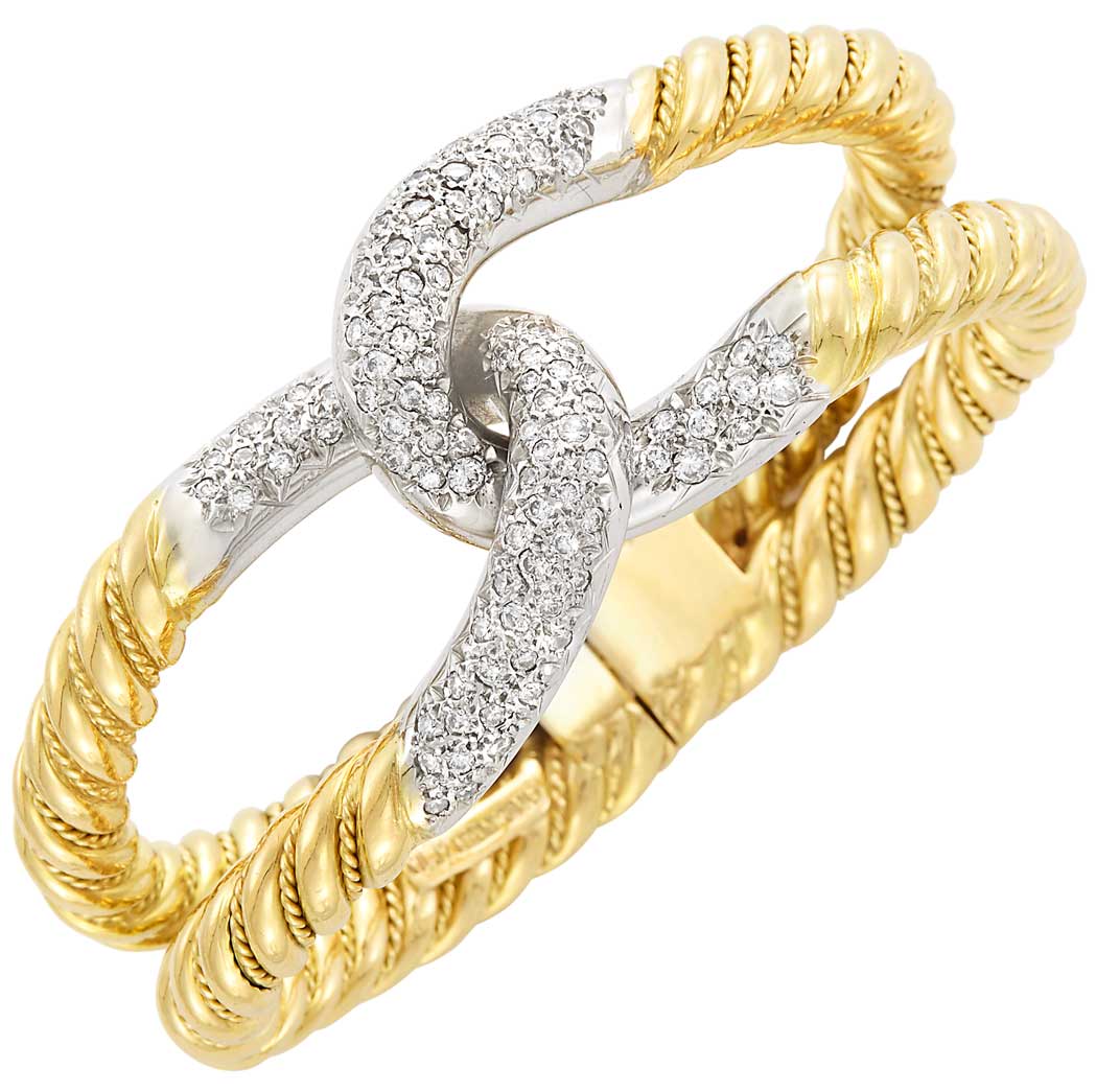 Appraisal: Two-Color Gold and Diamond Bangle Bracelet kt round diamonds ap