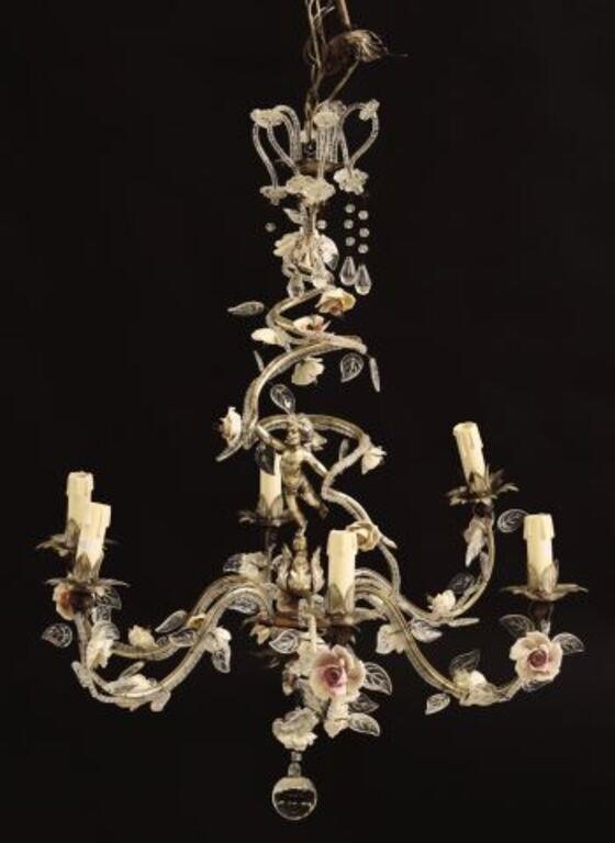 Appraisal: ITALIAN PUTTI GLASS PORCELAIN -LIGHT CHANDELIERItalian glass and gilt metal