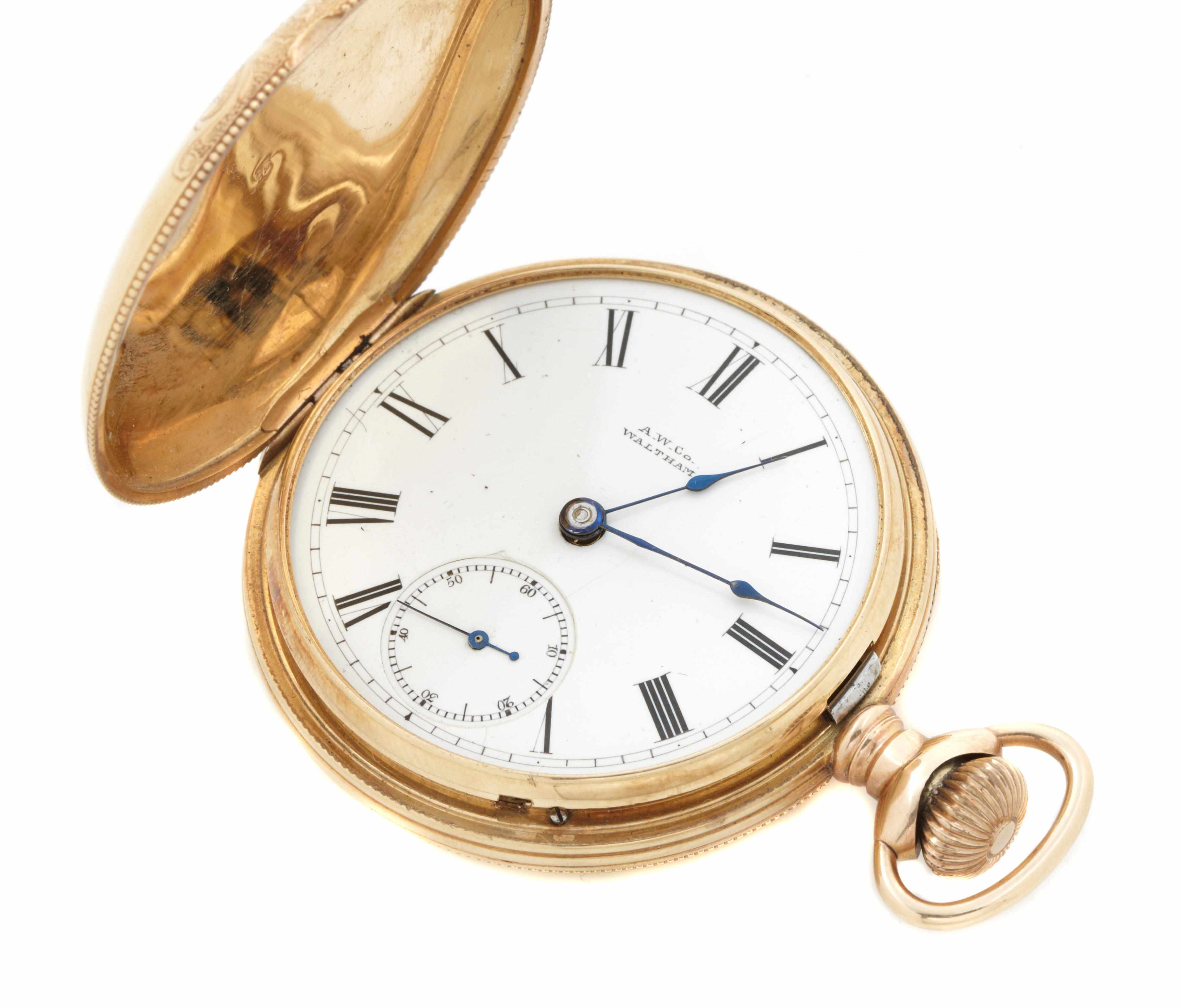 Appraisal: An k gold hunting cased pocket watch Waltham diameter mm