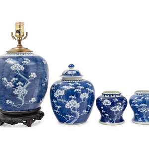 Appraisal: Four Chinese Blue and White Porcelain 'Crackled Ice and Prunus'