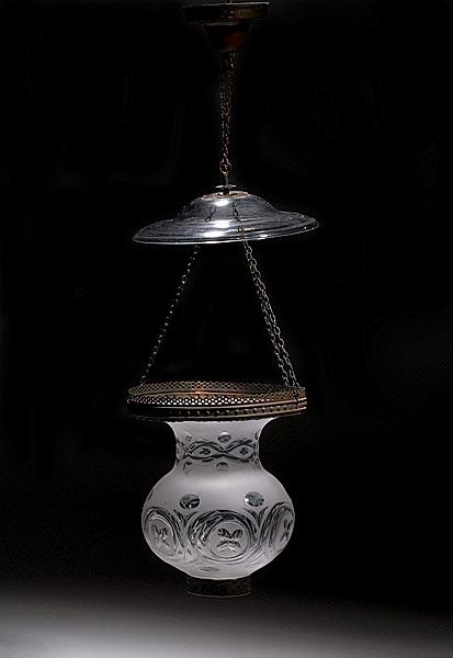 Appraisal: SUSPENSION LANTERN WITH FROSTED AND CUT SHADE American possibly New