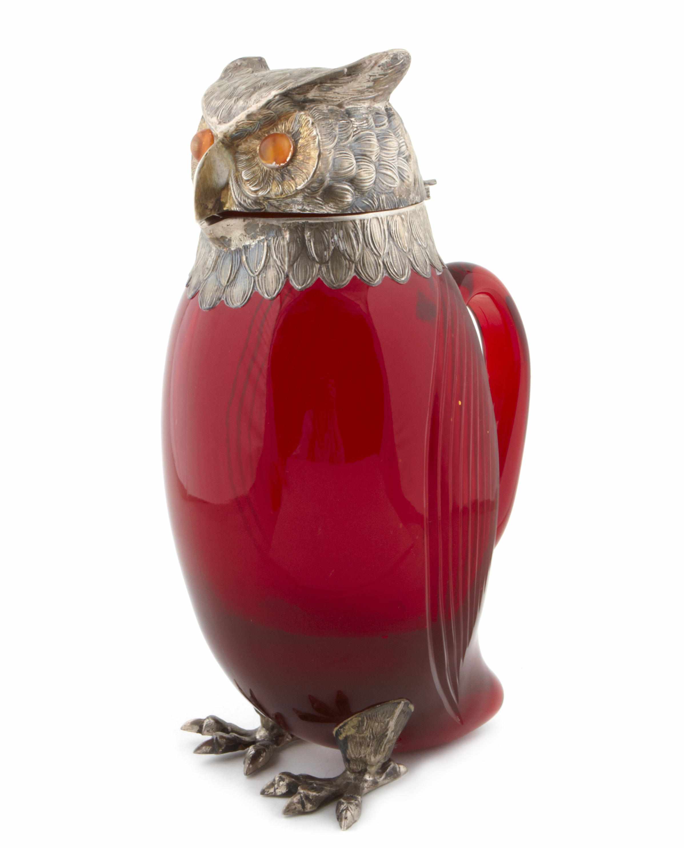 Appraisal: A Spanish silver and red glass owl-form decanter height in