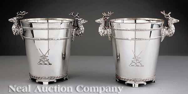 Appraisal: A Pair of Silverplate Crested Wine Coolers tapered cylindrical forms