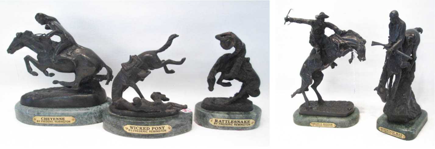 Appraisal: FIVE PATINATED BRONZE SCULPTURES AFTER FREDERIC REMINGTON depicting figures on