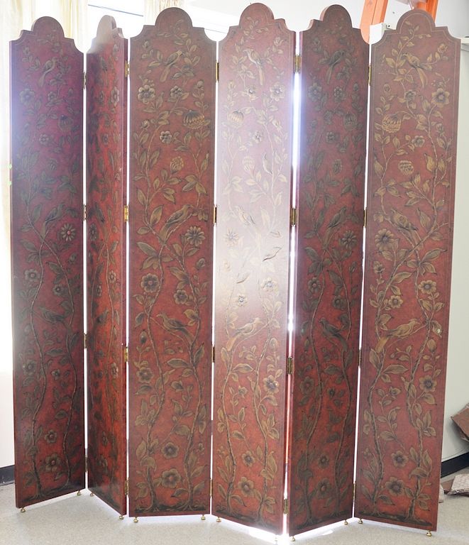 Appraisal: Large six fold dressing screen red lacquered with gold scrolling