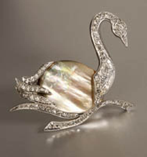 Appraisal: An abalone shell and diamond swan brooch An abalone shell