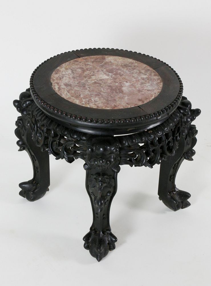 Appraisal: Asian Carved Teakwood Marble Top Taboret th century Asian Carved