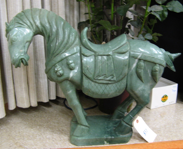 Appraisal: CHINESE JADE-GREEN MARBLE SCULPTURE a Tang-style horse standing pose with