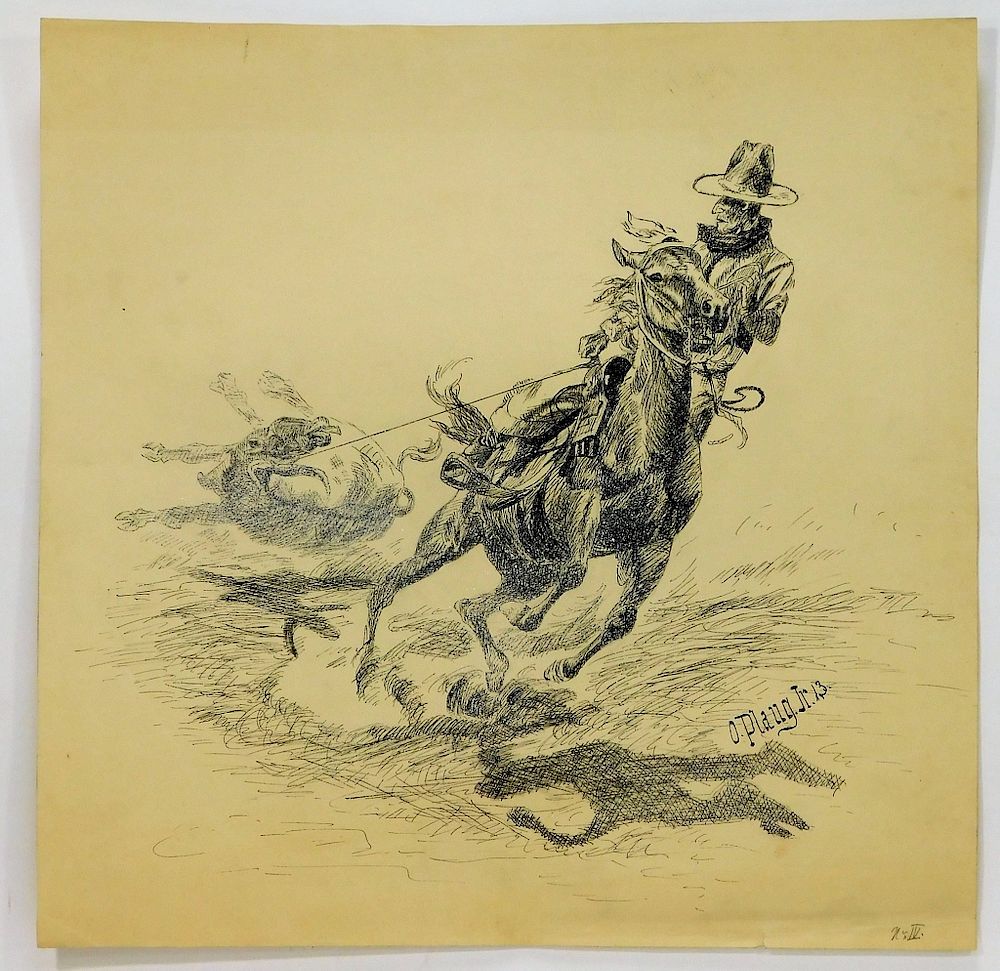 Appraisal: Otto Plaug Jr Western Cowboy Wrangler Ink Drawing Otto Plaug