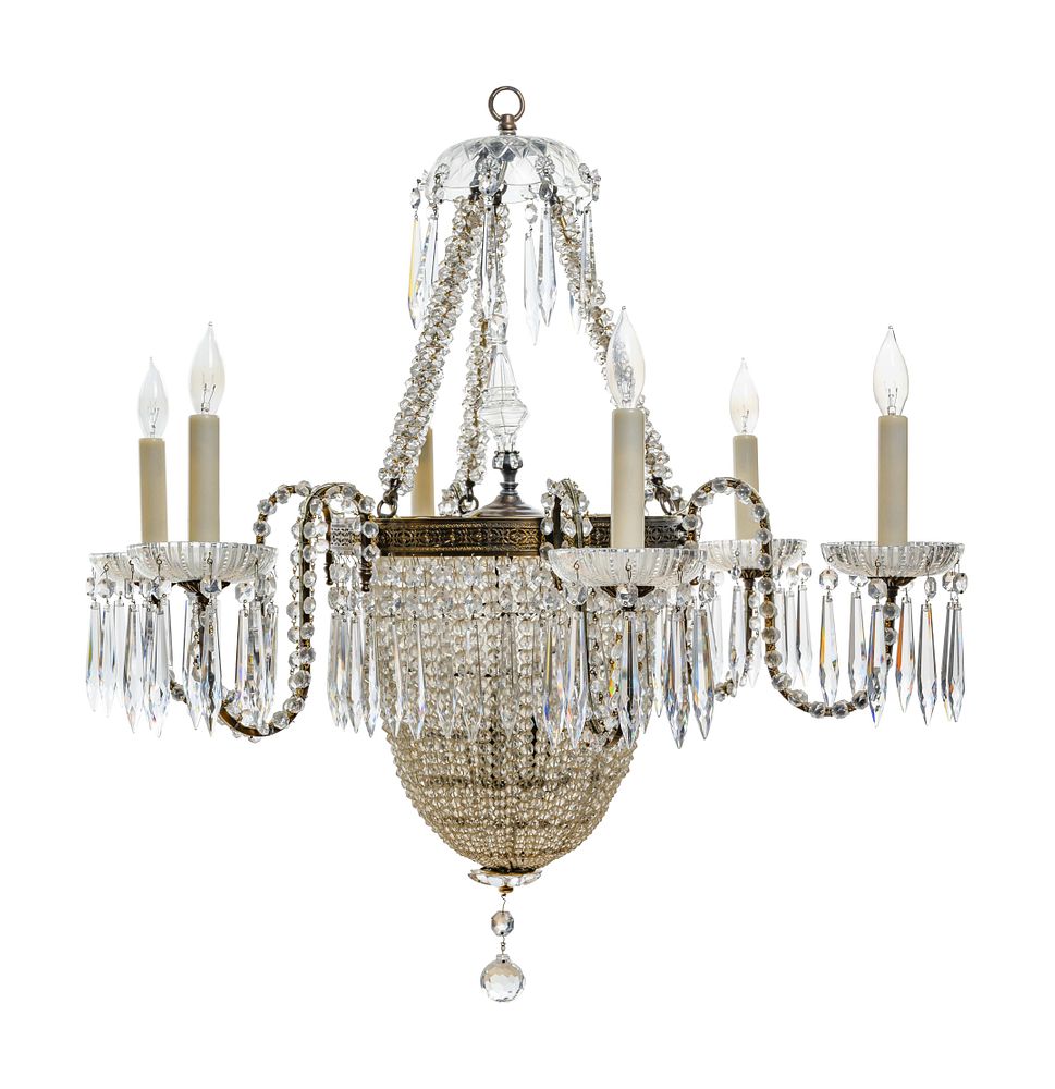 Appraisal: A French Gilt Metal and Cut Glass Six-Light Chandelier A