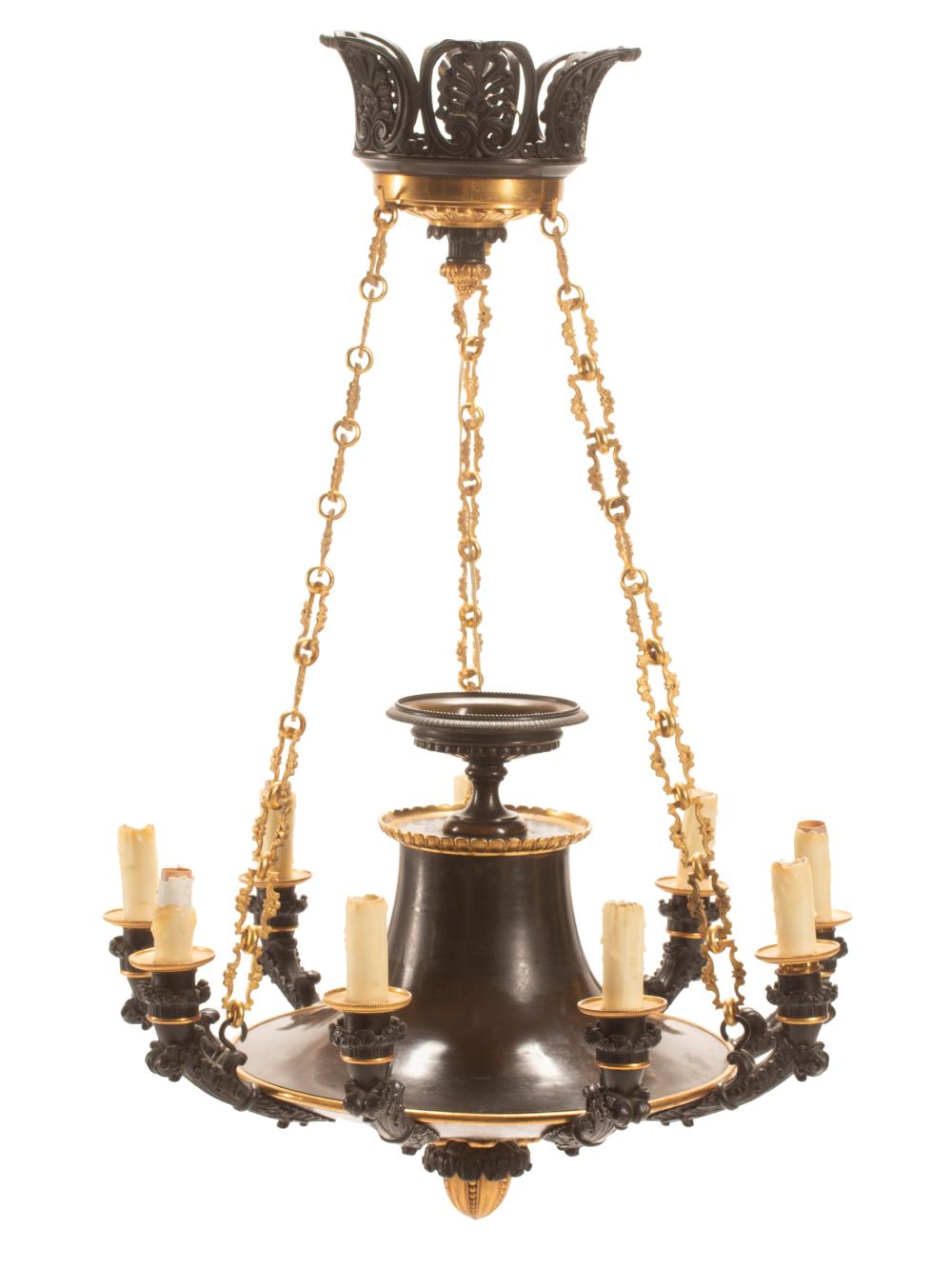 Appraisal: Antique Empire-Style Patinated and Gilt Bronze Seven-Light Chandelier h in