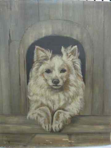 Appraisal: Oil on Canvas dog emerging from dog house '' x