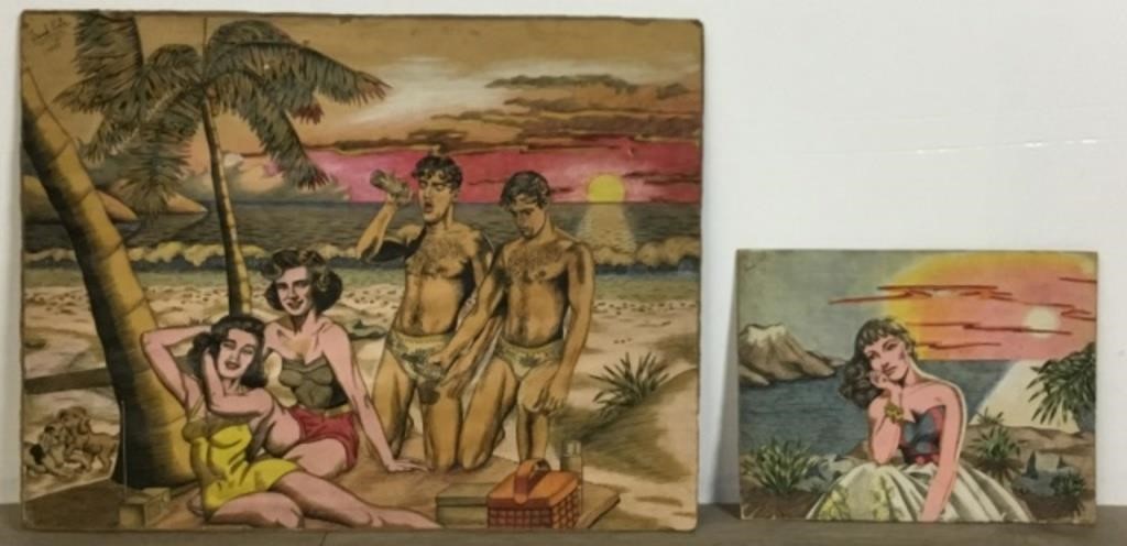 Appraisal: FRANK PIETRI BEACH SCENE ILLUSTRATIONSPen ink with color Both signed