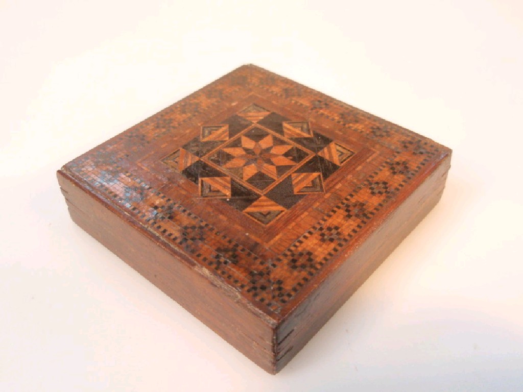 Appraisal: A Tunbridge ware rosewood box previously containing a tangram puzzle