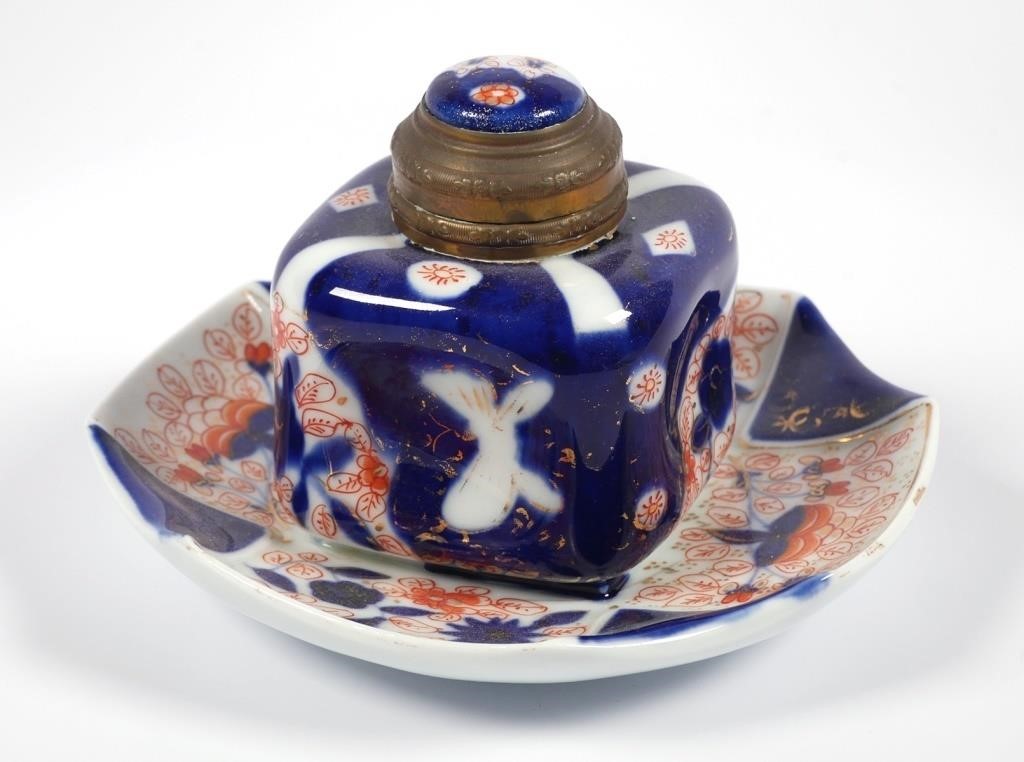 Appraisal: Imari patterned porcelain inkwell with attached stand Approx x tall