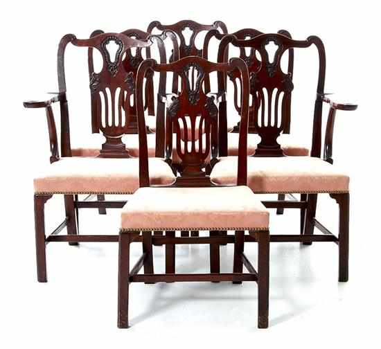 Appraisal: Set of six Chippendale style carved mahogany dining chairs early