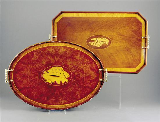 Appraisal: Two Regency style inlaid burl walnut trays oval form centered