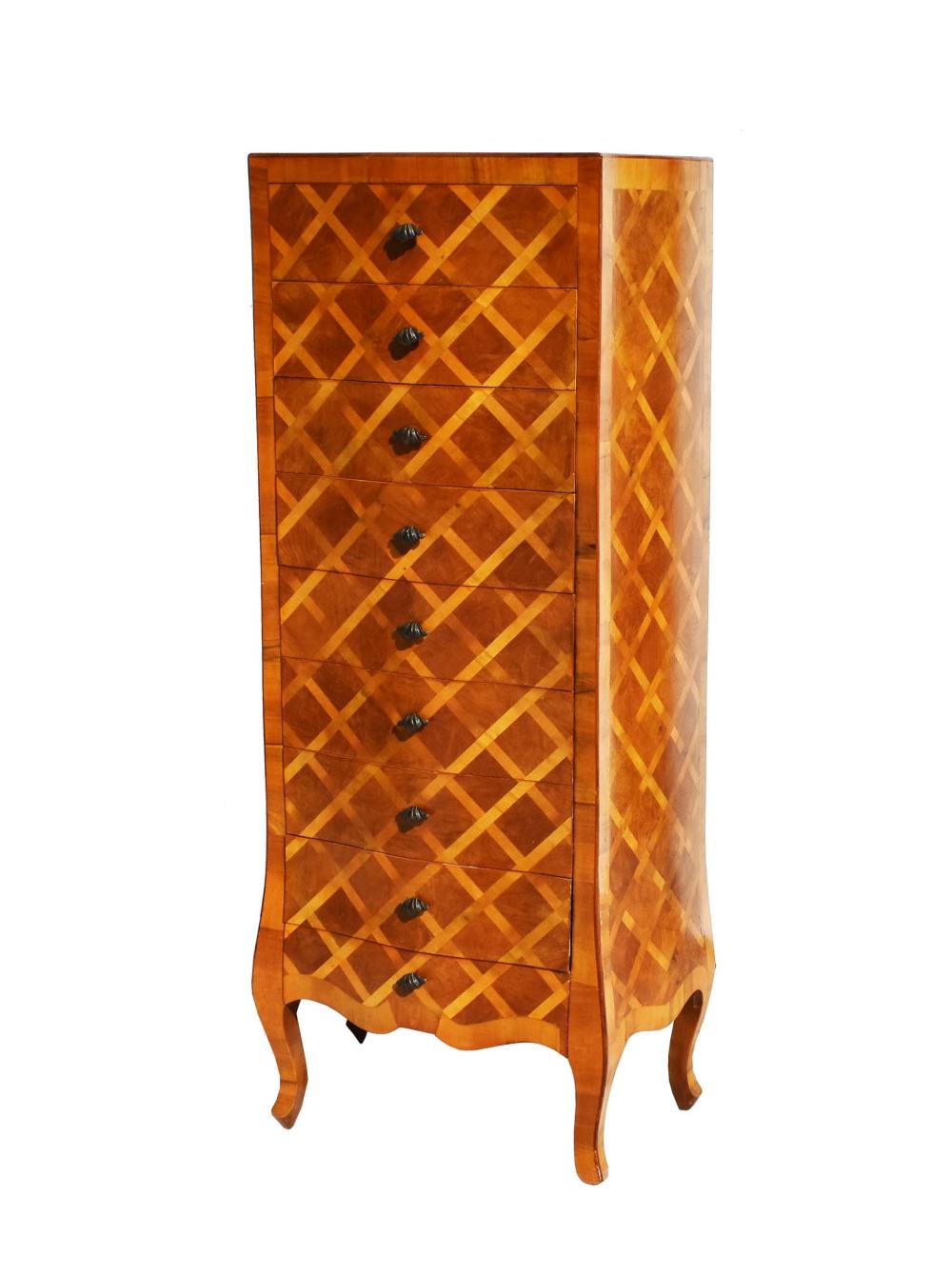 Appraisal: GERMAN ROCOCO STYLE PARQUETRY TALL CHEST OF DRAWERSModern Slightly serpentine