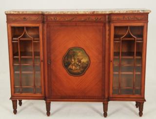 Appraisal: ENGLISH SATINWOOD BREAKFRONT VITRINE CABINET ENGLISH PAINTED SATINWOOD MARBLE TOP