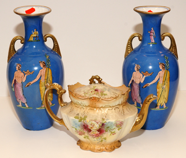 Appraisal: ROYAL DEVON TEA POT AND PAIR OF VICTORIAN VASES