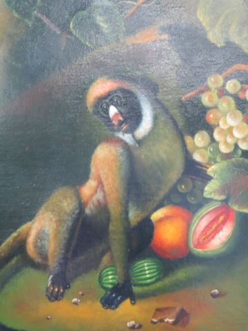 Appraisal: Oil Painting of Monkey and Fruit signed Nicholas on canvas