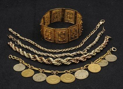 Appraisal: Five Bracelets One stamped K coin bracelet in Provenance Property