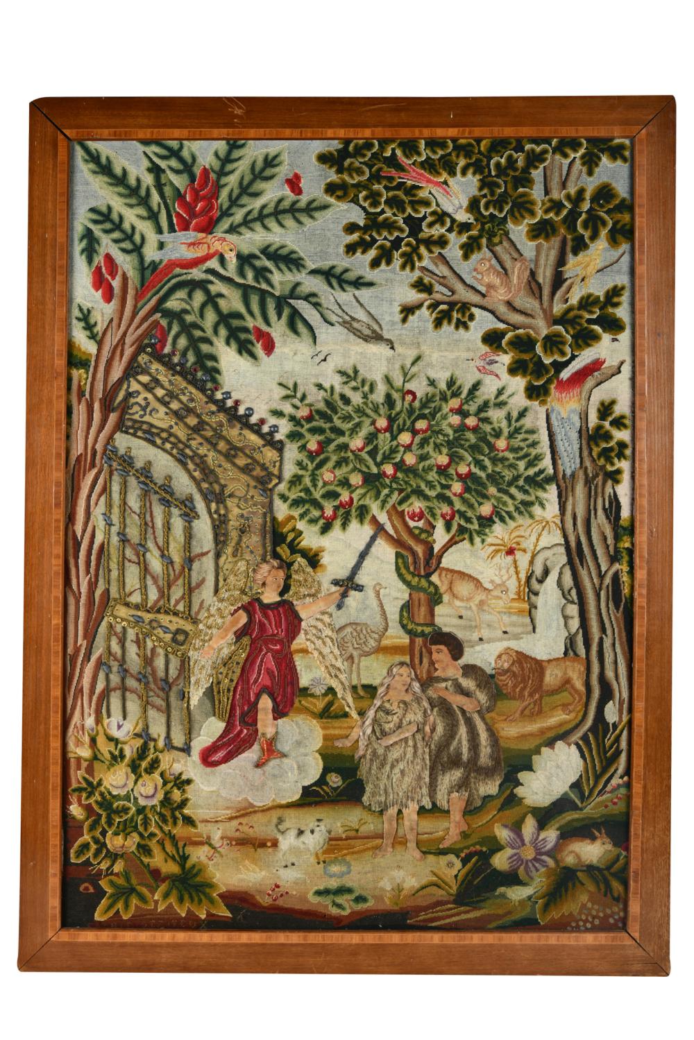 Appraisal: FRAMED NEEDLEWORK PANELdepicting Adam and Eve Condition with even wear