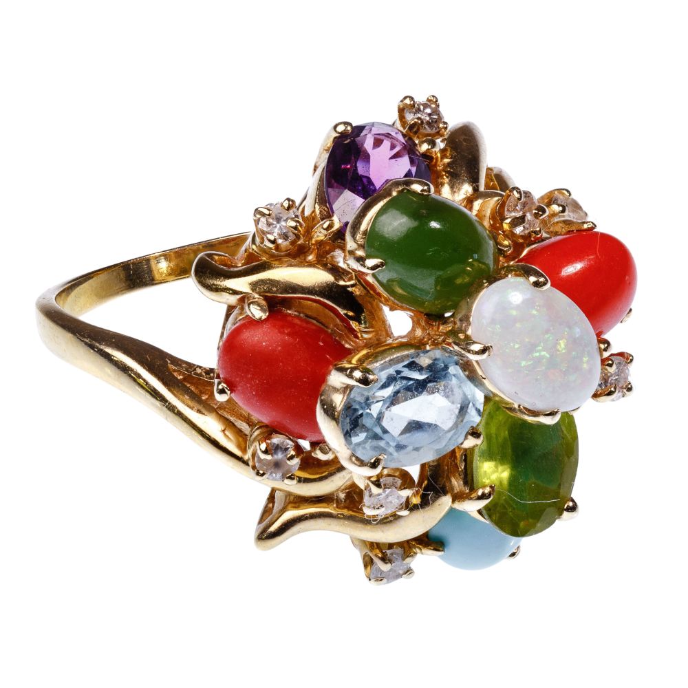 Appraisal: K YELLOW GOLD SEMI-PRECIOUS GEMSTONE AND DIAMOND RINGHaving multi-color gemstones