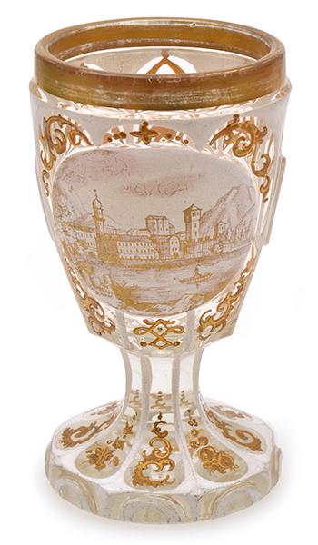 Appraisal: GILDED TH CENTURY FACETED GLASS GOBLET WITH BOATING SCENE