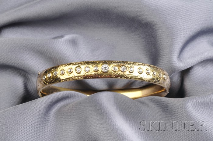 Appraisal: Art Nouveau kt Gold and Diamond Bracelet the hinged bangle