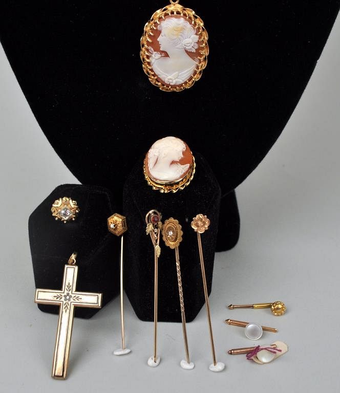 Appraisal: K Gold Cameo Pin Necklace together with stick pins studs