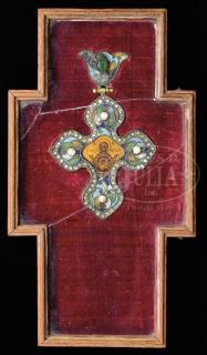 Appraisal: ENAMEL AND JEWELED RUSSIAN CROSS ENAMEL AND JEWELED RUSSIAN CROSS