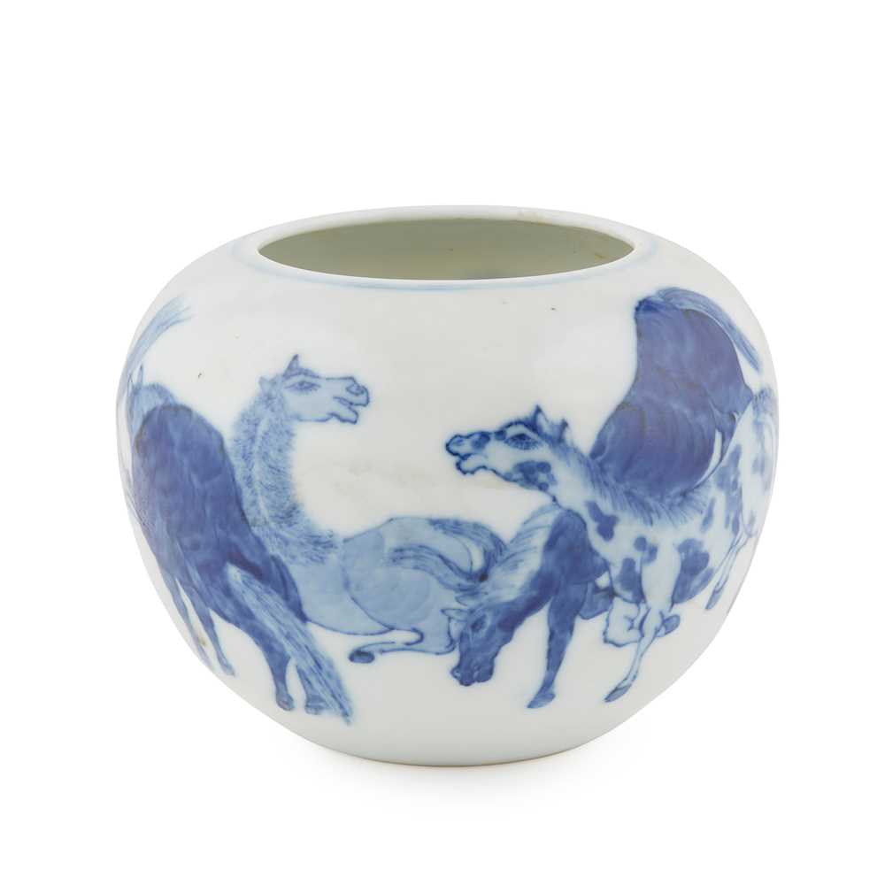 Appraisal: BLUE AND WHITE 'EIGHT HORSES' WATER POT YONGZHENG MARK BUT