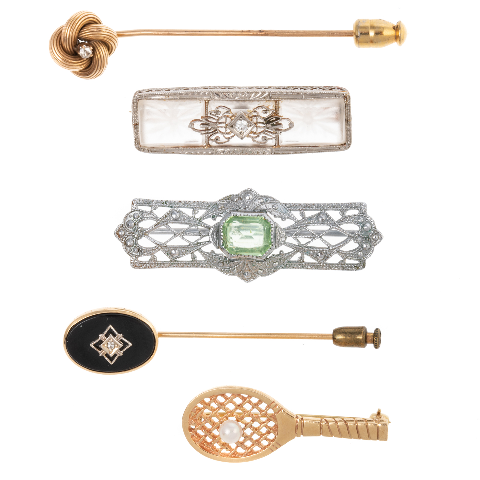 Appraisal: A COLLECTION OF VINTAGE STICK PINS BROOCHES K yellow gold