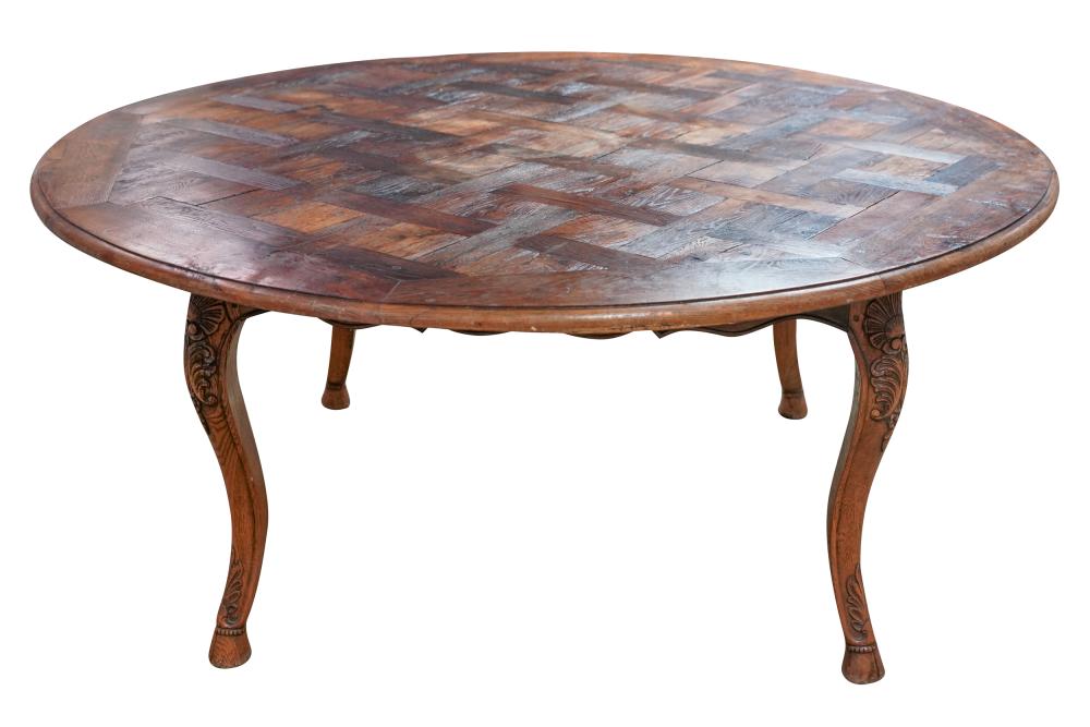 Appraisal: FRENCH PROVINCIAL OAK PARQUETRY DINING TABLEthe round parquetry top raised