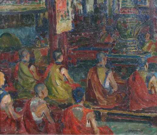 Appraisal: European School Buddhist Monks at Prayer oil on canvas LR