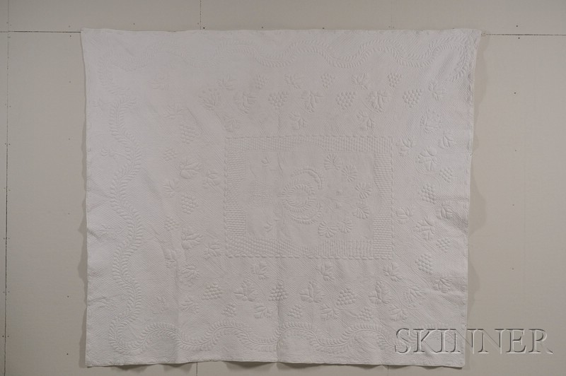 Appraisal: Cotton White-work Trapunto Quilt America late th century three-section whole