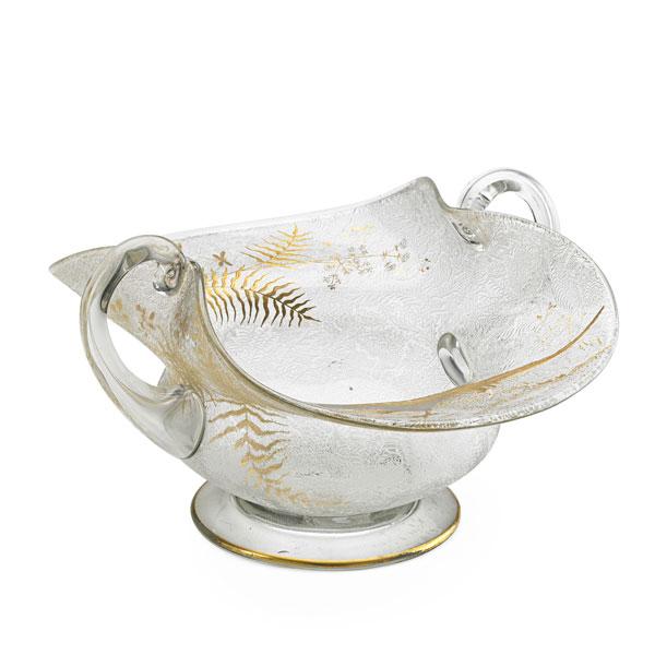 Appraisal: GLASS CENTERPIECE BOWL Crystal with gilded enamel bird and leaf