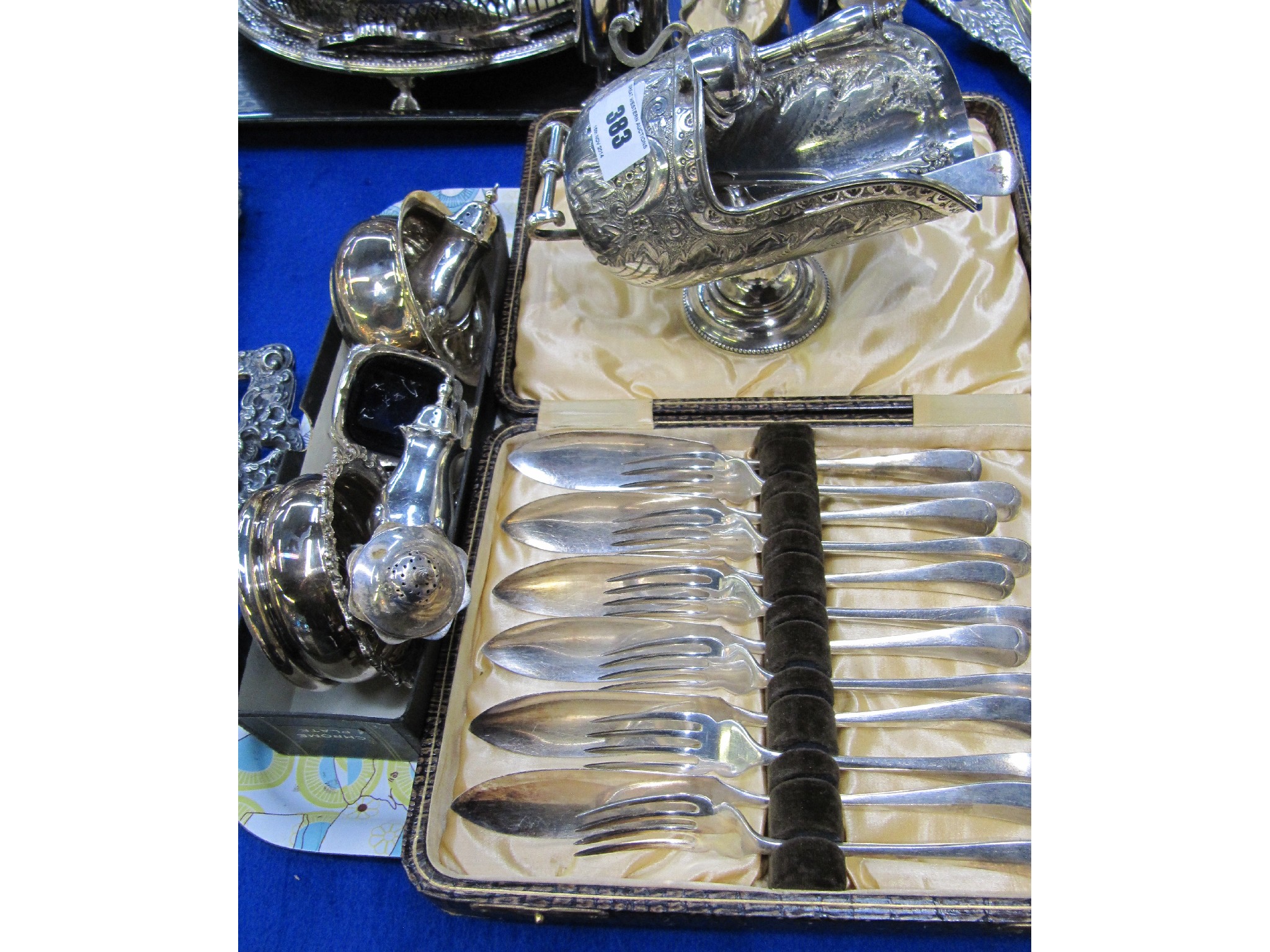 Appraisal: A tray lot of EP - sugar scuttle fish set