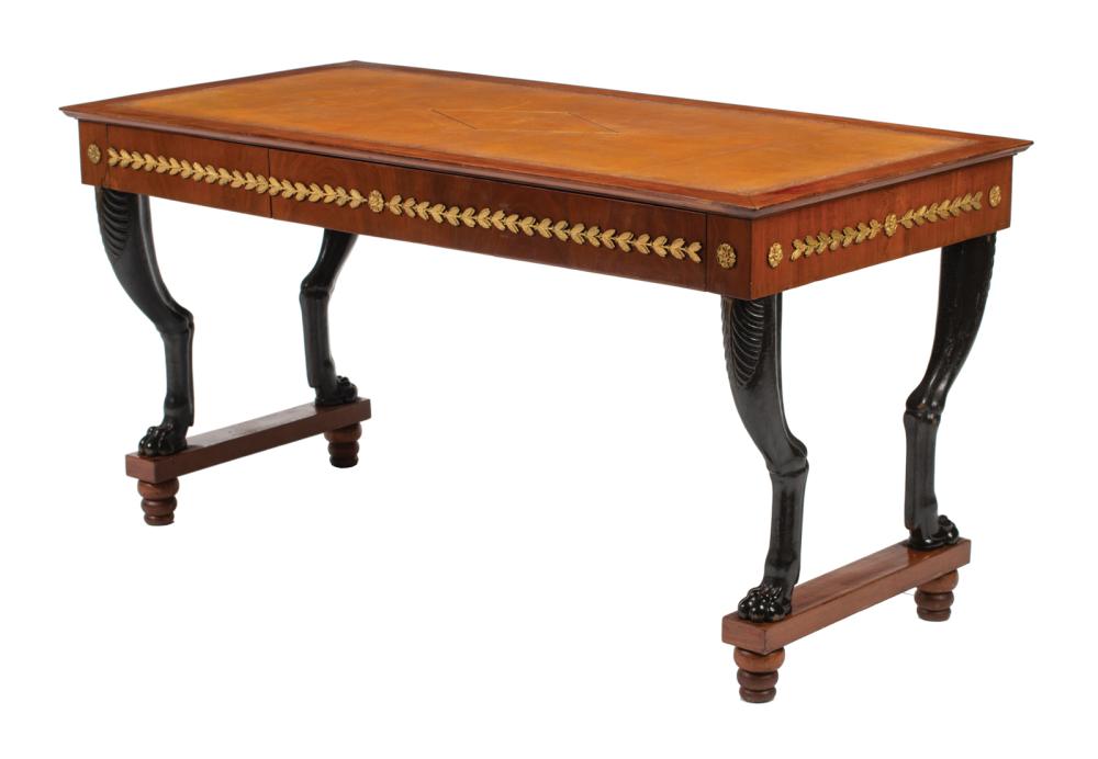 Appraisal: Empire-Style Ebonized and Gilt Bronze-Mounted Fruitwood Writing Table inset leather