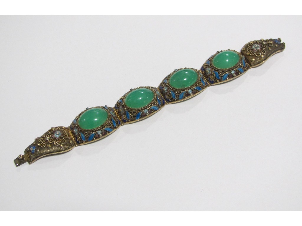 Appraisal: A Chinese silver and enamel jade set filigree bracelet Circa