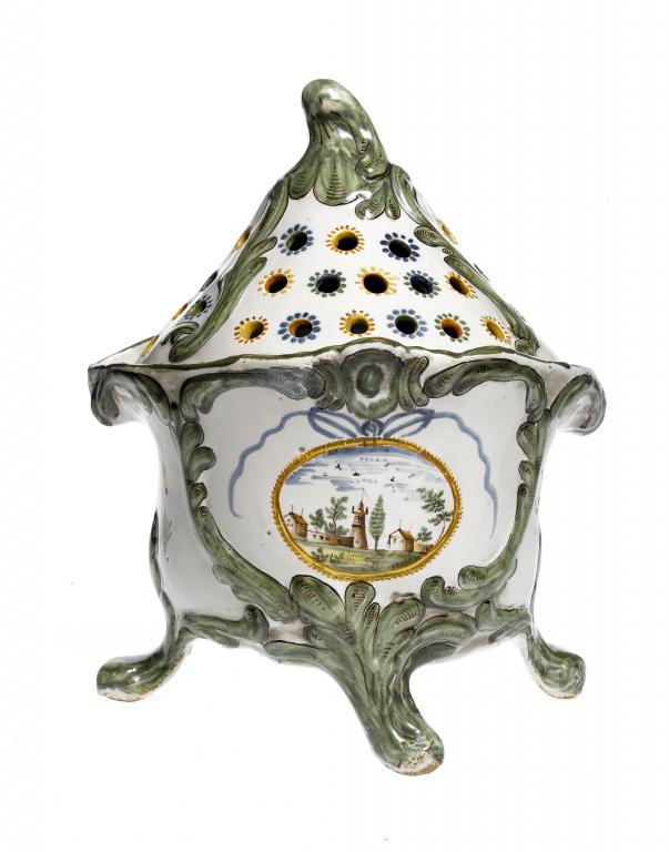 Appraisal: A FRENCH ROCOCO STYLE FAIENCE BOUQUETIERE AND PIERCED COVER AFTER