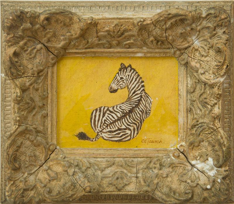 Appraisal: TH CENTURY SCHOOL SEATED ZEBRA Ink and oil on canvasboard