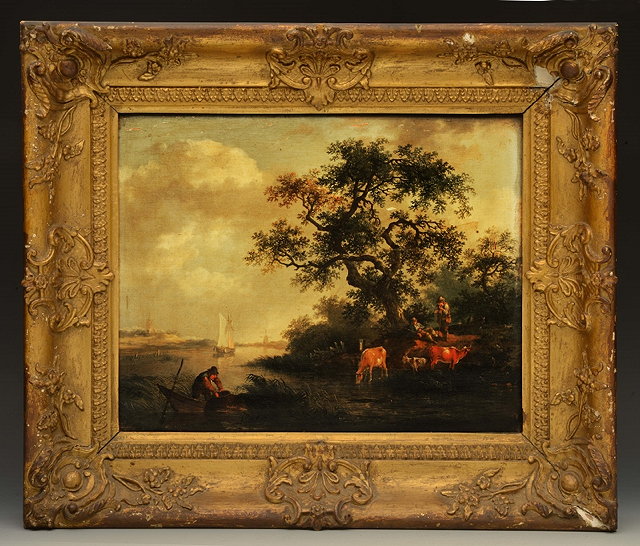 Appraisal: TH CENTURY ENGLISH SCHOOLRiver scene fisherman sailing boat and herdsmen